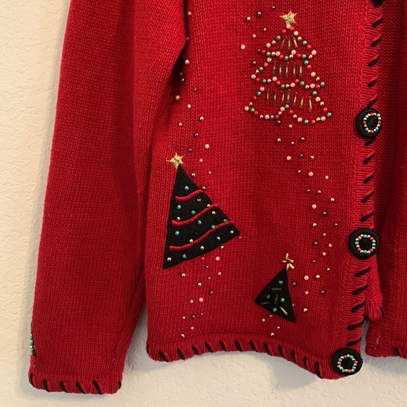 VINTAGE DESIGNERS ORIGINALS STUDIO UGLY CHRISTMAS CARDIGAN SWEATER RED - Picture 7 of 9